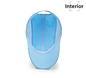 Detailed interior view of a light blue breathable mesh sun cap with adjustable metal buckle