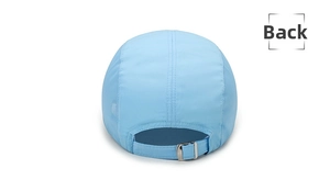 Detail view of the light blue sun hat's breathable mesh and adjustable metal buckle