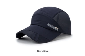 Close-up of navy blue sports cap with breathable mesh fabric and side logo detail