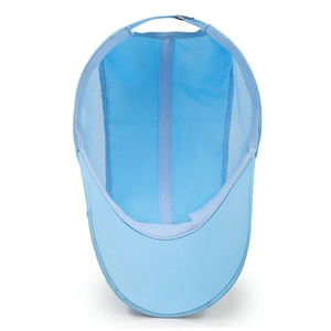 Sky blue breathable mesh sun hat with internal view showing adjustable buckle and sweatband