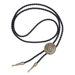 Detail of bronze celtic floral slider buckle and black woven cord on Western bolo tie