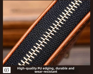 Macro shot of durable PU leather edge and silver metal zipper on the woven long wallet