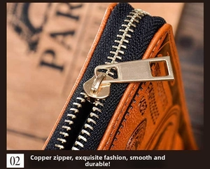 Close-up of durable vintage brass zipper and grainy brown leather texture on a long wallet