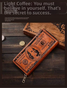 Close-up of a vintage dollar bill print wallet on a dark wood texture surface