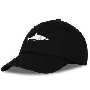 Classic black washed cotton baseball cap with white shark embroidery on front panel