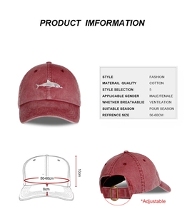 Detail view of red washed cotton baseball cap with shark embroidery and size dimensions