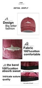 Close-up of shark embroidery and detailed stitching on a red cotton baseball cap
