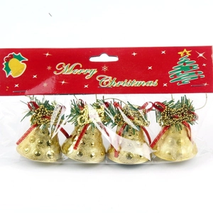 Set of 4 golden Christmas bells with red bows and Merry Christmas labels for tree decor