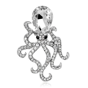 Macro detail of octopus brooch featuring clear pear-shaped crystal and pavé rhinestones