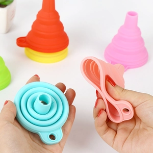 Collapsible silicone mini kitchen funnel set in multiple colors for liquid transfer
