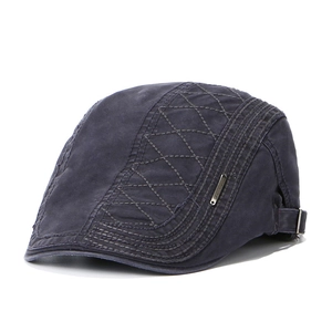 Donkerblauwe gestreepte denim baret met ruitpatroon en verstelbare metalen gesp