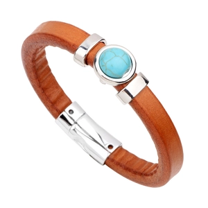 Handcrafted brown leather bracelet with turquoise stone and polished magnetic metal clasp