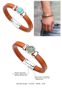Detail view of brown genuine leather bracelet with turquoise and alloy magnetic clasp