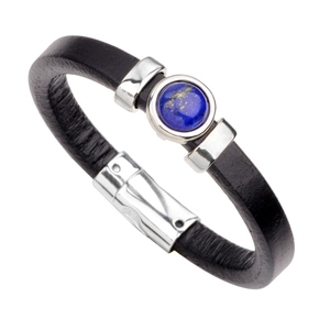 Braided black leather bracelet with silver magnetic clasp and blue lapis lazuli stone inlay