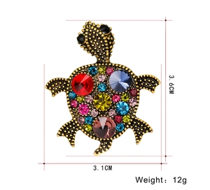 Detailed size chart for vintage turtle brooch showing 3.6cm height and 3.1cm width dimensions