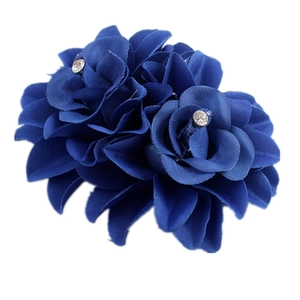 Elegant navy blue fabric rose hair clip with sparkling crystal center for women