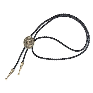 Western cowboy bolo tie featuring Celtic pattern metal buckle and black braided leather rope