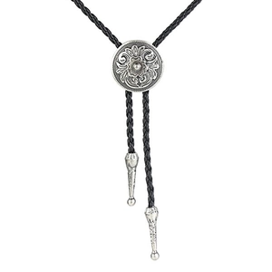 Vintage Western Cowboy Bolo Tie Retro Floral Carved Alloy Round Slider Braided Cord Neckwear Unisex