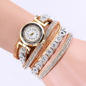 Bohemian multi-layer wrap watch for women with rhinestone-set gold dial and champagne straps