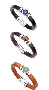 Cowhide leather bracelets with tiger eye and turquoise stone insets and metal magnetic clasps