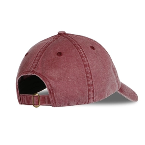 Burgundy washed cotton baseball cap with embroidered shark and adjustable metal buckle