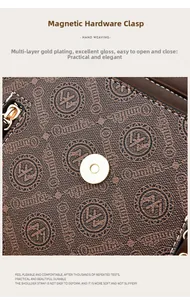 Close-up of golden magnetic buckle and embossed pattern on dark brown leather bag