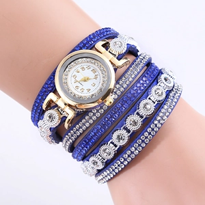 Royal blue multi-layer wrap watch with sparkling crystals and a gold-tone metal case