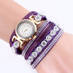 Fashionable purple multi-layer wrap bracelet watch with sparkling crystal accents