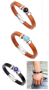 Detail showing natural stones and magnetic metal clasp on multi-style leather bracelets