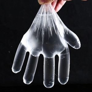 Waterproof food-grade transparent PE plastic disposable gloves showing leakproof durability