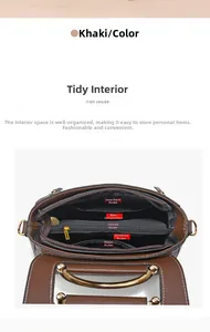Internal view of khaki handbag showing organized compartments with zipper pockets