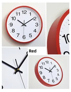 Detail view of 12-inch red wall clock showing front face, side profile and clock hands