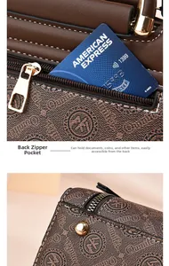Detail view of the brown leather bag showing the secure back zipper pocket and logo print