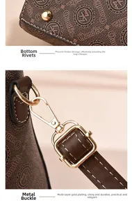 Detail view of gold studs and metal hardware on brown textured faux leather handbag
