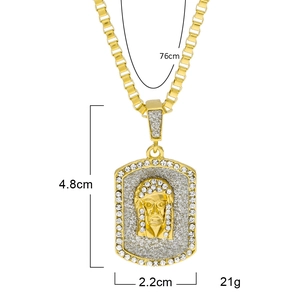 Hip hop gold Jesus head dog tag pendant with 76cm box chain and sparkling rhinestones