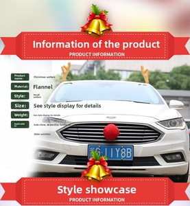 Plush brown reindeer antlers and red nose car decoration kit installed on a white vehicle