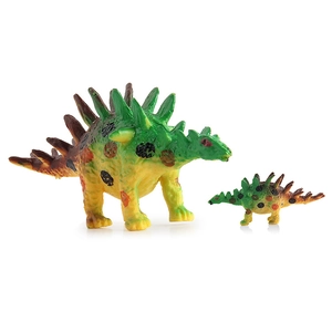 Set di due dinosauri giocattolo in PVC verde e giallo con punte dorsali e dettagli a pois
