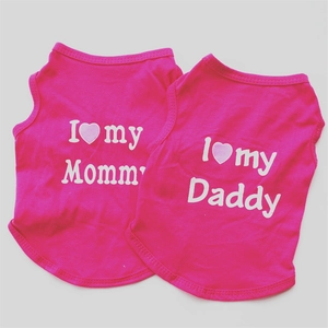 Pink dog vests with I love my Mommy and Daddy prints and neat stitched edges