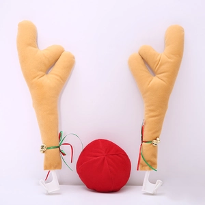 Christmas reindeer car decoration set with beige plush antlers and a red nose