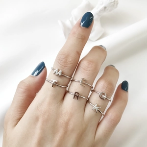 Minimalist 925 sterling silver alphabet ring set with letters M, T, E, R, Q, and K
