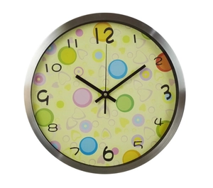 Close-up of brushed silver metal frame and colorful polka dot dial of the silent wall clock