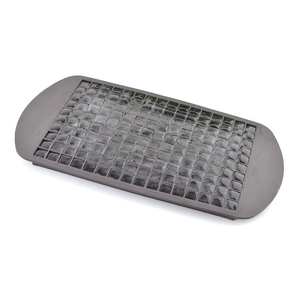 Close-up of a brown silicone ice cube tray filled with clear ice cubes on white background