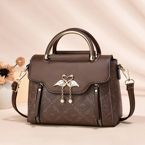 Vintage Monogram Print Handbag PU Leather Metal Top Handle Artificial Pearl Charm Elegant Crossbody Shoulder Bag Women