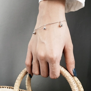 Minimalist S925 sterling silver ball bead bracelet with bells on a snake chain