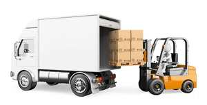 3D rendering of a white delivery truck and forklift loading cardboard boxes on pallets