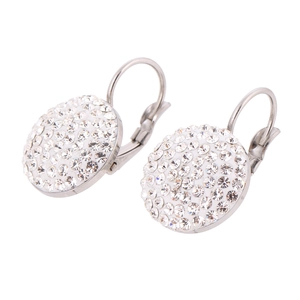 Detail of silver 316L stainless steel hoop earrings with sparkling crystal pavé stones