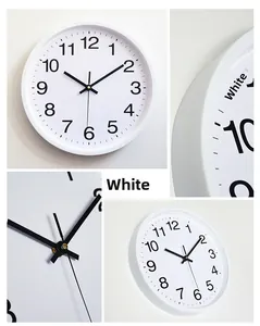 Detailed views of minimalist white plastic wall clock with black Arabic numerals and pointers