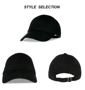 Multi-angle views of a plain black cotton baseball cap with adjustable buckle
