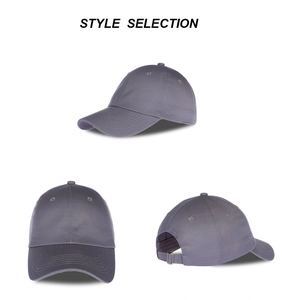 Detailed views showing the front, side, and back of a minimalist grey cotton baseball cap