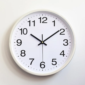 Minimalist 12-inch white round wall clock with large black Arabic numerals and 3-hand motion